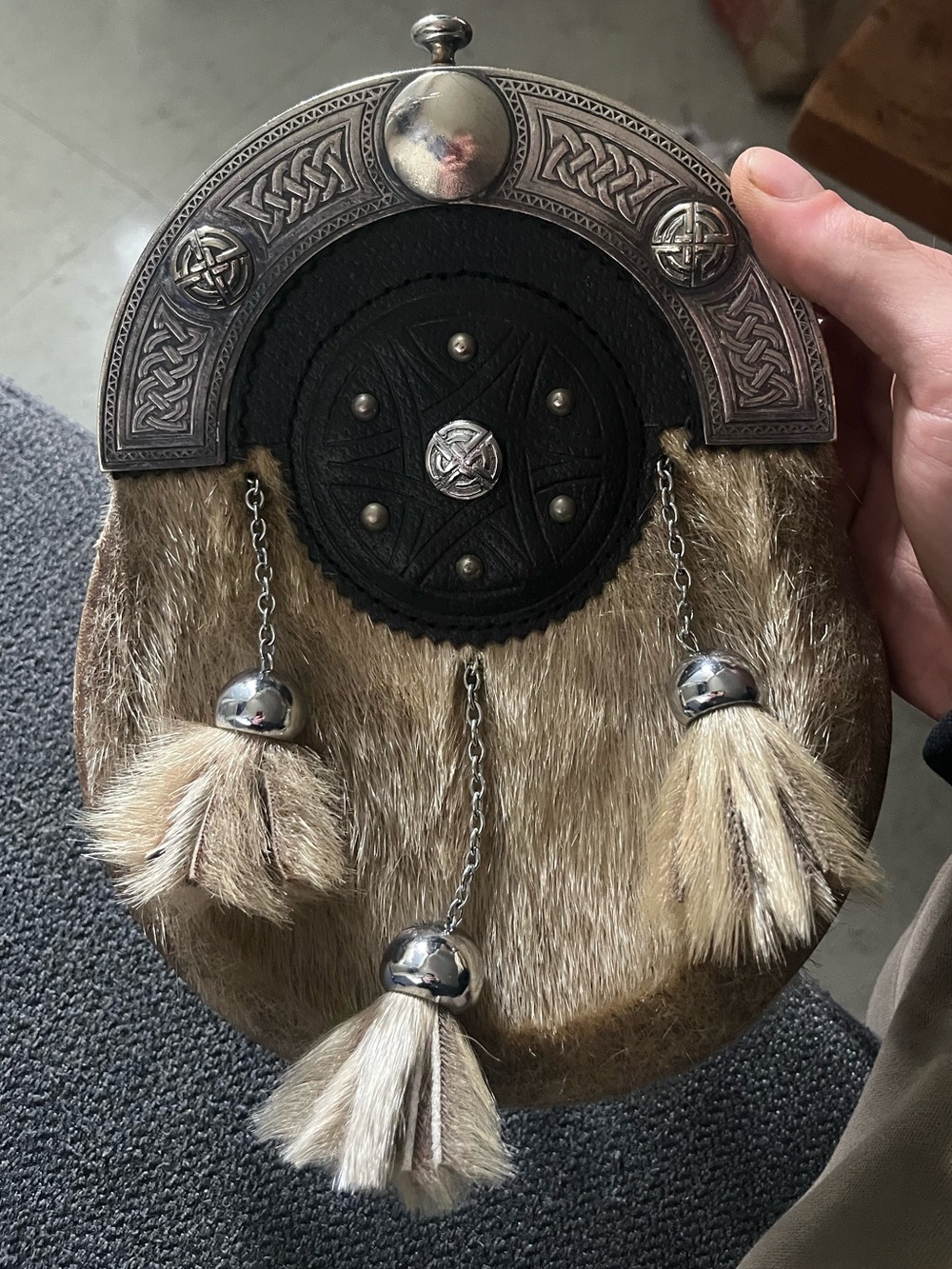 Vintage Traditional Scottish Fur Sporran with Celtic Metal Cantle